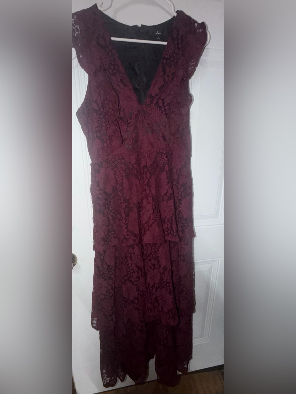 Lulu's Burgundy Lace Tiered V-Neck Maxi Dress - Picture 2 of 5